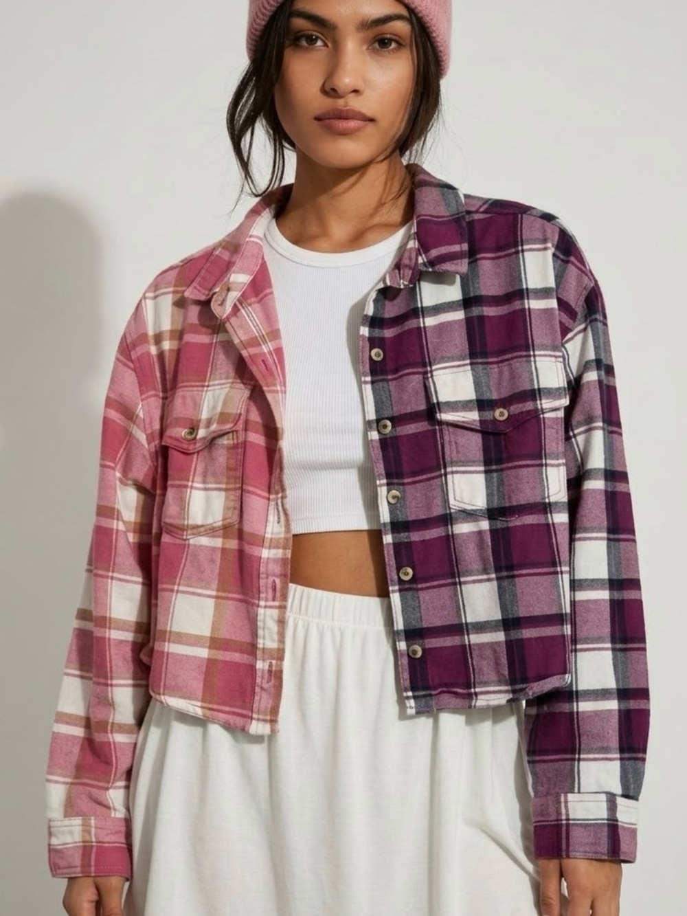 Upcycled “Split Personality” Split-Color Button-Front Flannel Shirt